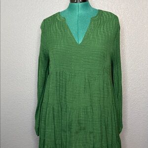 Anthropologie Maeve Green Tiered Dress Women’s L V-Neck Boho Long Sleeve